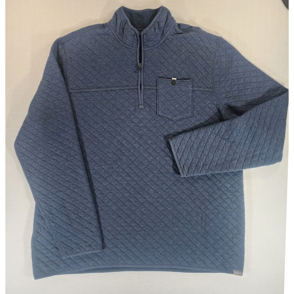 Eddie Bauer Quarter Zip Men TXL TALL XL Blue‎ Quilted Mock Neck Pullover Cotton